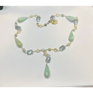 Sterling necklace various beads, including green jade and grey faceted stones